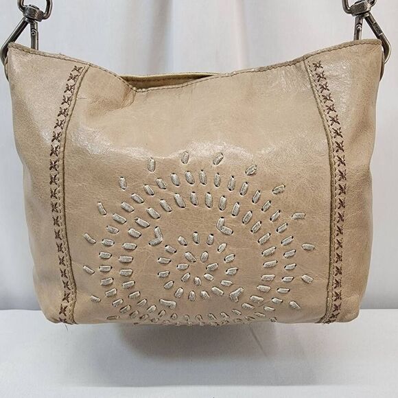 The SAK -Tan Leather Handbag Satchel Purse Woven Handle Outside zip Medium Boho - Picture 2 of 13